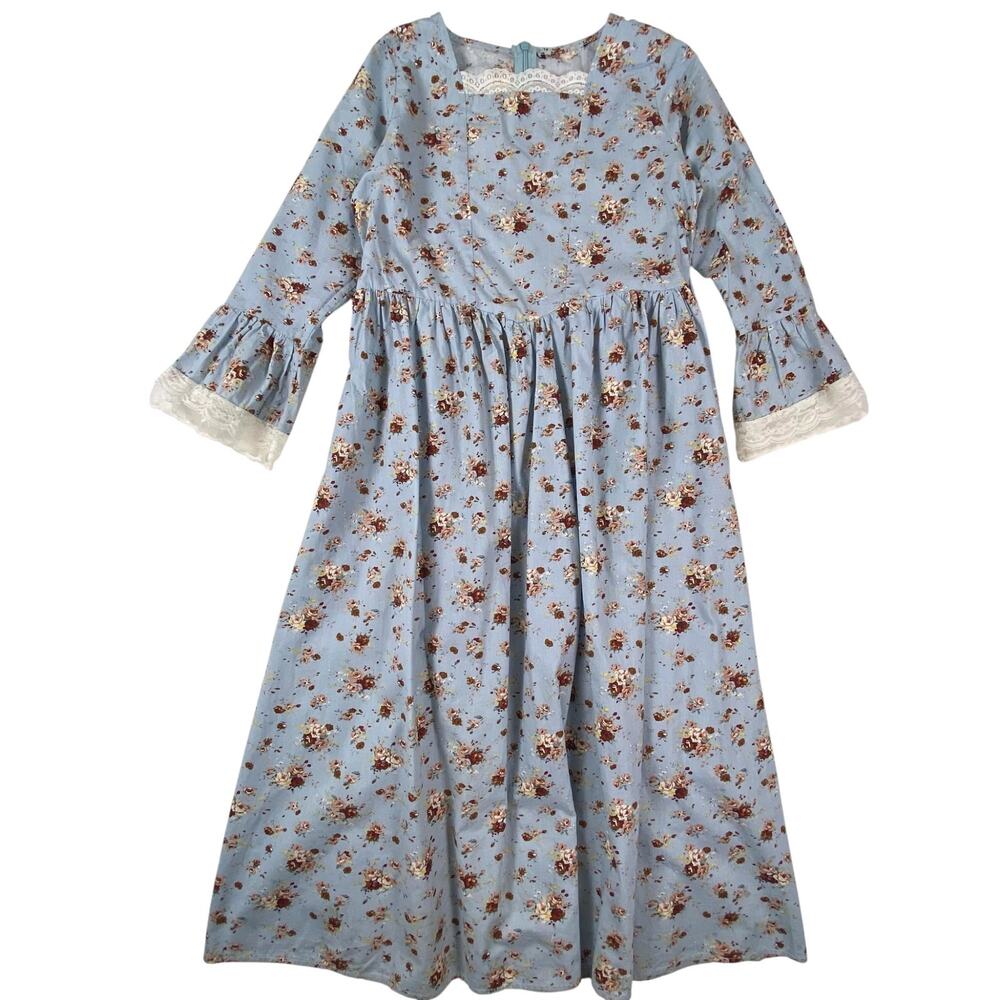 Blue Floral Prairie Dress XS Lace Trim Midi Long Sleeve Romantic Vintage Style